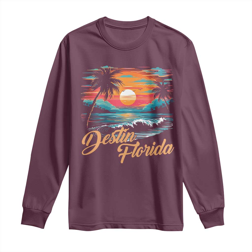 Destin Florida Beach Long Sleeve Shirt Retro Sunset Palm Tree Graphic TS12 Maroon Print Your Wear