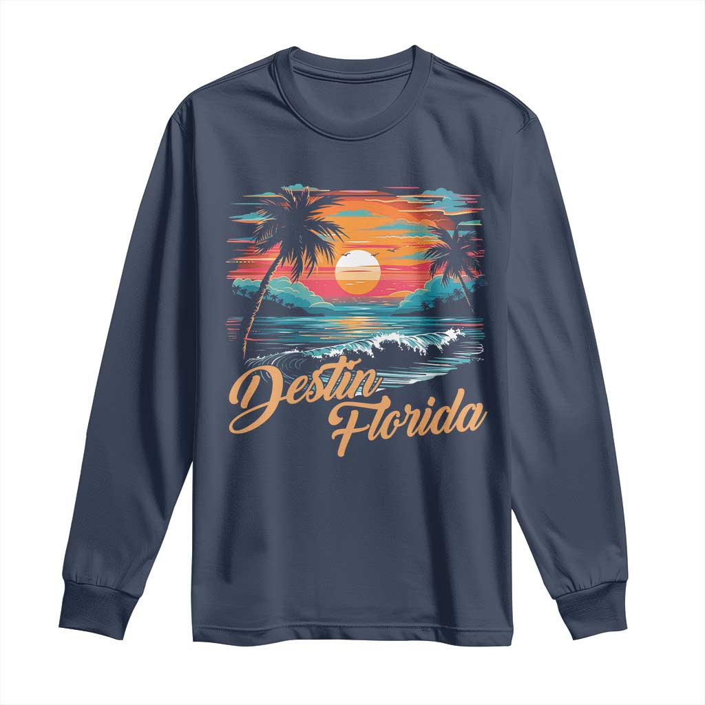 Destin Florida Beach Long Sleeve Shirt Retro Sunset Palm Tree Graphic TS12 Navy Print Your Wear