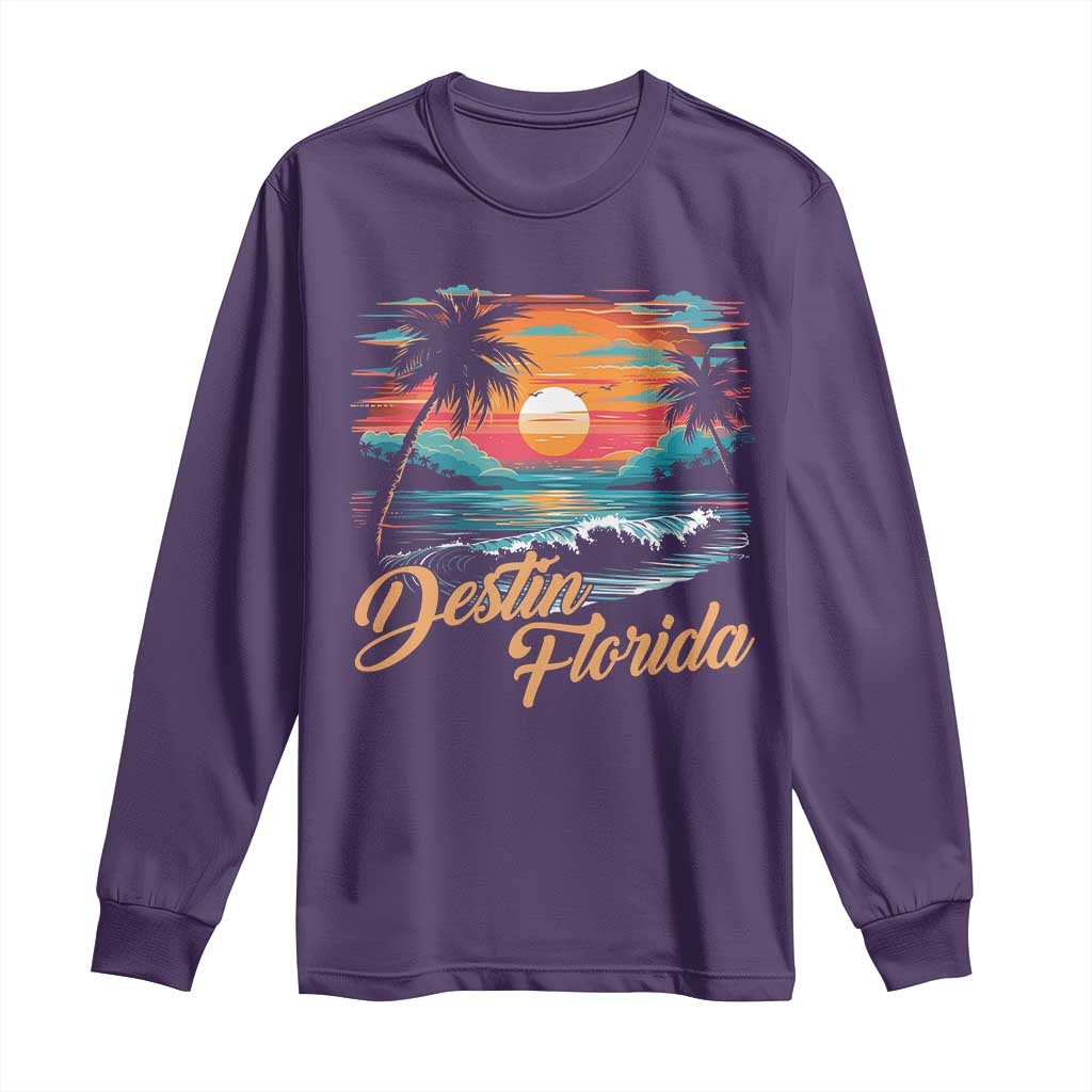 Destin Florida Beach Long Sleeve Shirt Retro Sunset Palm Tree Graphic TS12 Purple Print Your Wear