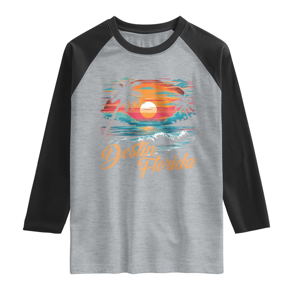 Destin Florida Beach Raglan Shirt Retro Sunset Palm Tree Graphic TS12 Heather Gray Black Print Your Wear