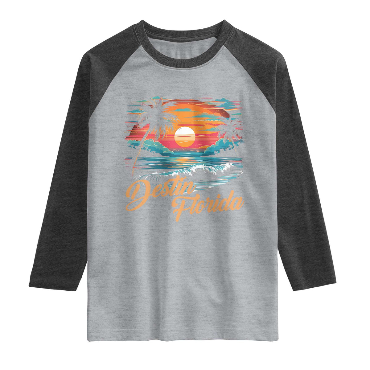 Destin Florida Beach Raglan Shirt Retro Sunset Palm Tree Graphic TS12 Heather Gray Heather Charcoal Print Your Wear