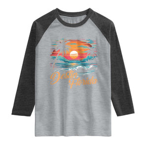 Destin Florida Beach Raglan Shirt Retro Sunset Palm Tree Graphic TS12 Heather Gray Heather Charcoal Print Your Wear