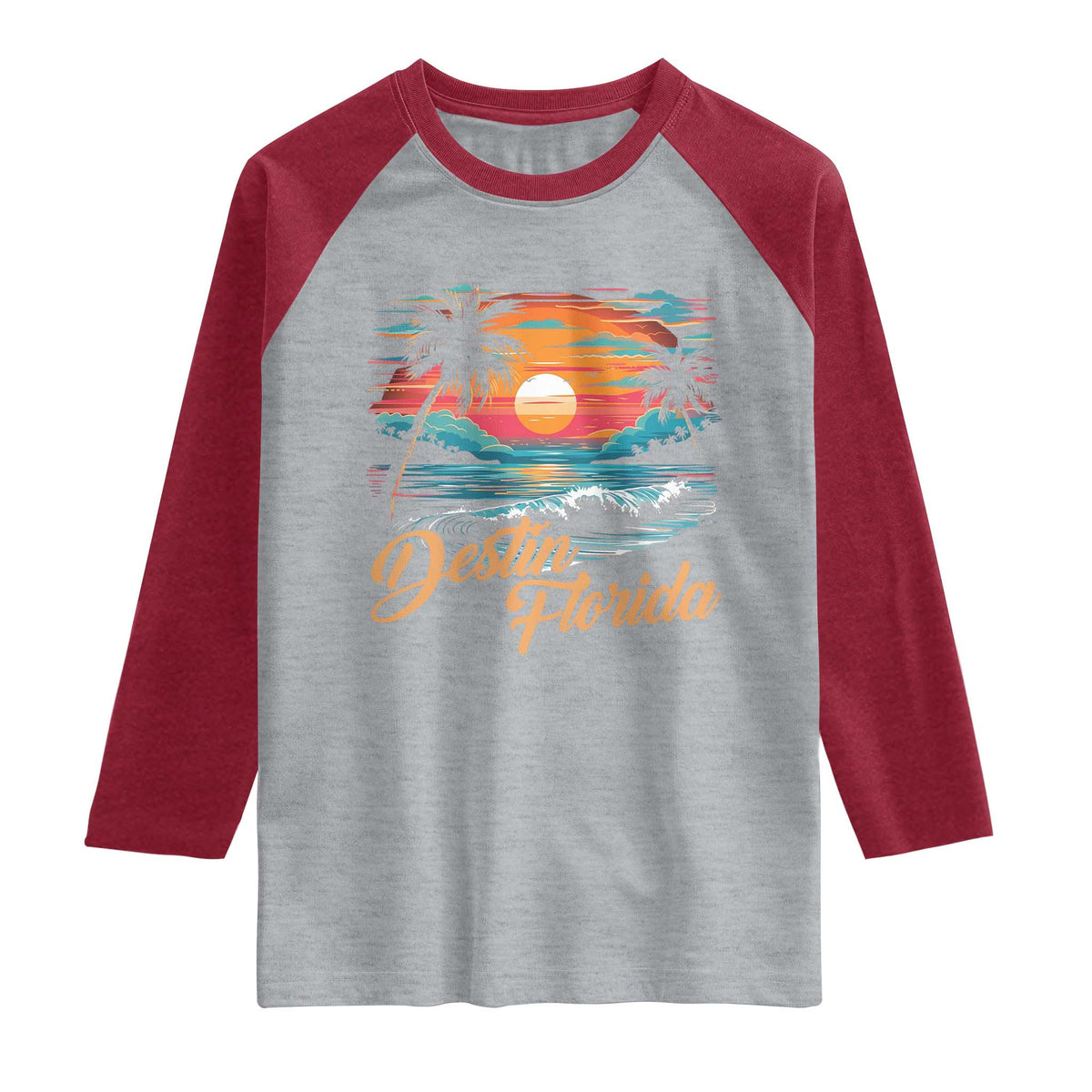 Destin Florida Beach Raglan Shirt Retro Sunset Palm Tree Graphic TS12 Heather Gray Heather Red Print Your Wear