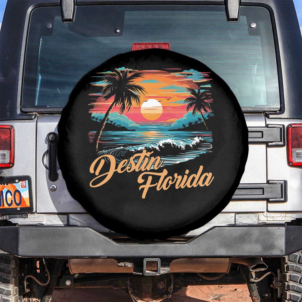 Destin Florida Beach Spare Tire Cover Retro Sunset Palm Tree Graphic TS12 No hole Black Print Your Wear