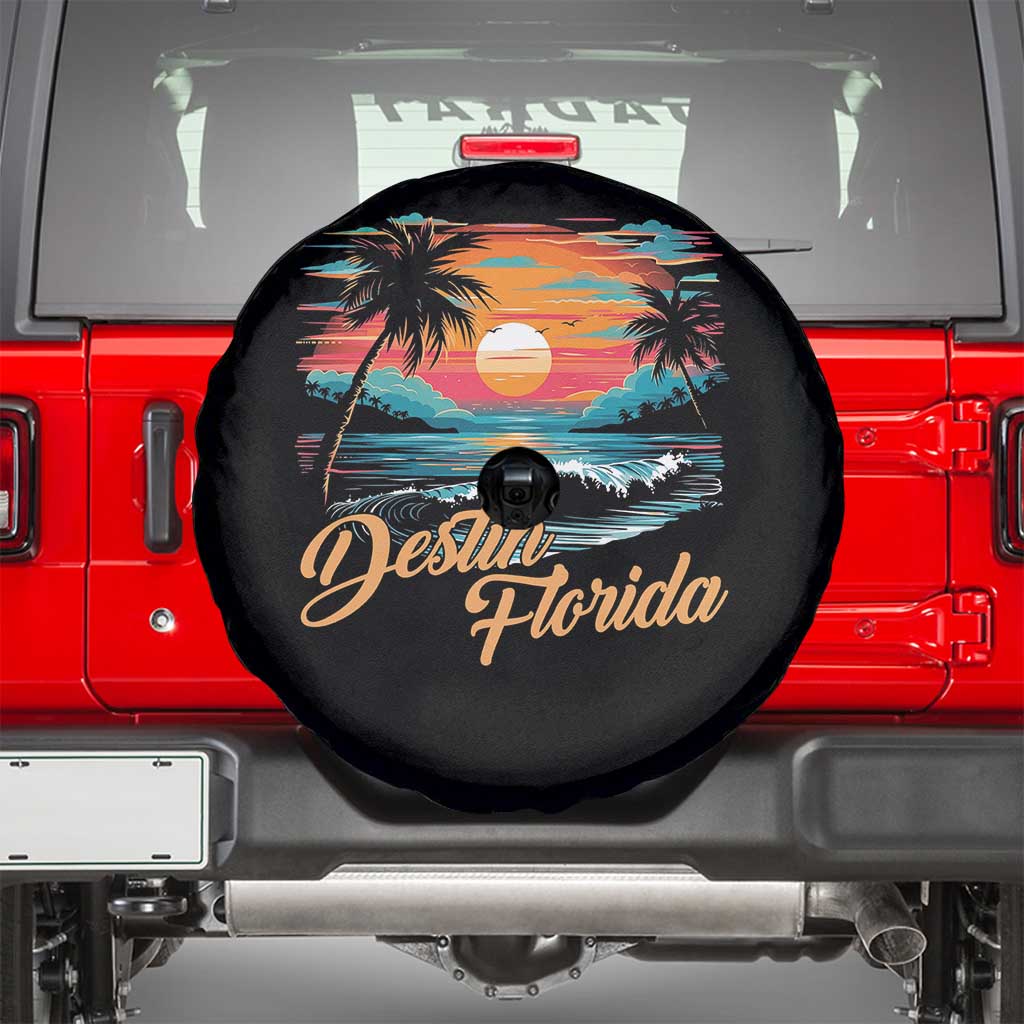 Destin Florida Beach Spare Tire Cover Retro Sunset Palm Tree Graphic TS12 Black Print Your Wear
