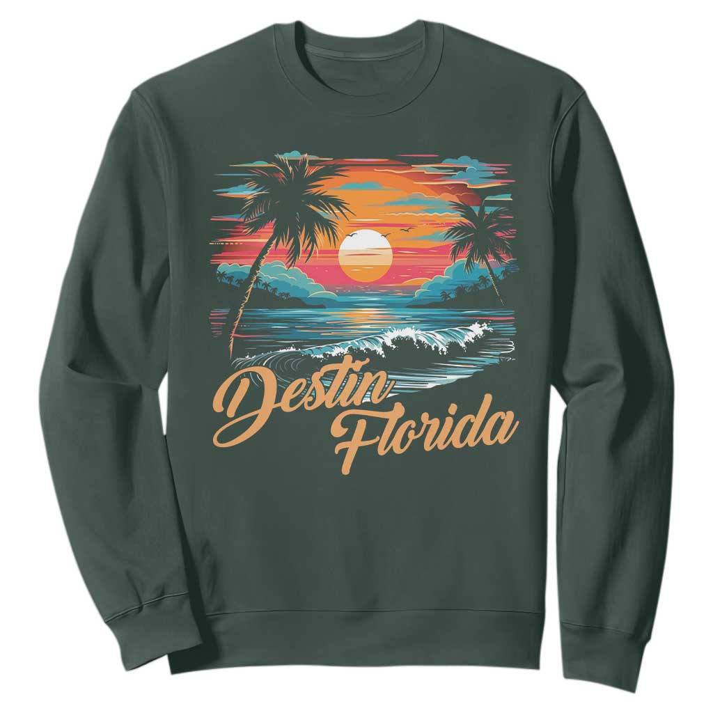 Destin Florida Beach Sweatshirt Retro Sunset Palm Tree Graphic TS12 Dark Forest Green Print Your Wear