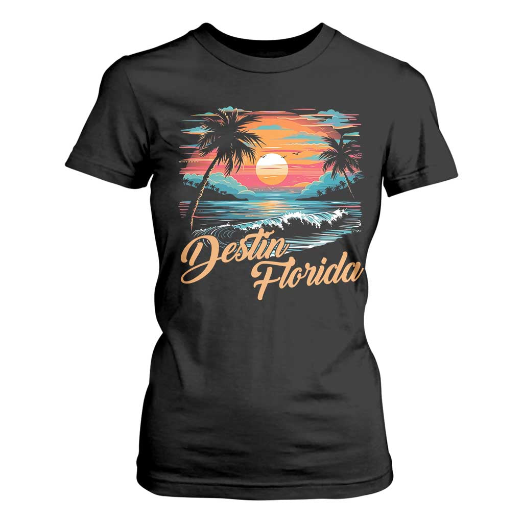 Destin Florida Beach T Shirt For Women Retro Sunset Palm Tree Graphic TS12 Black Print Your Wear