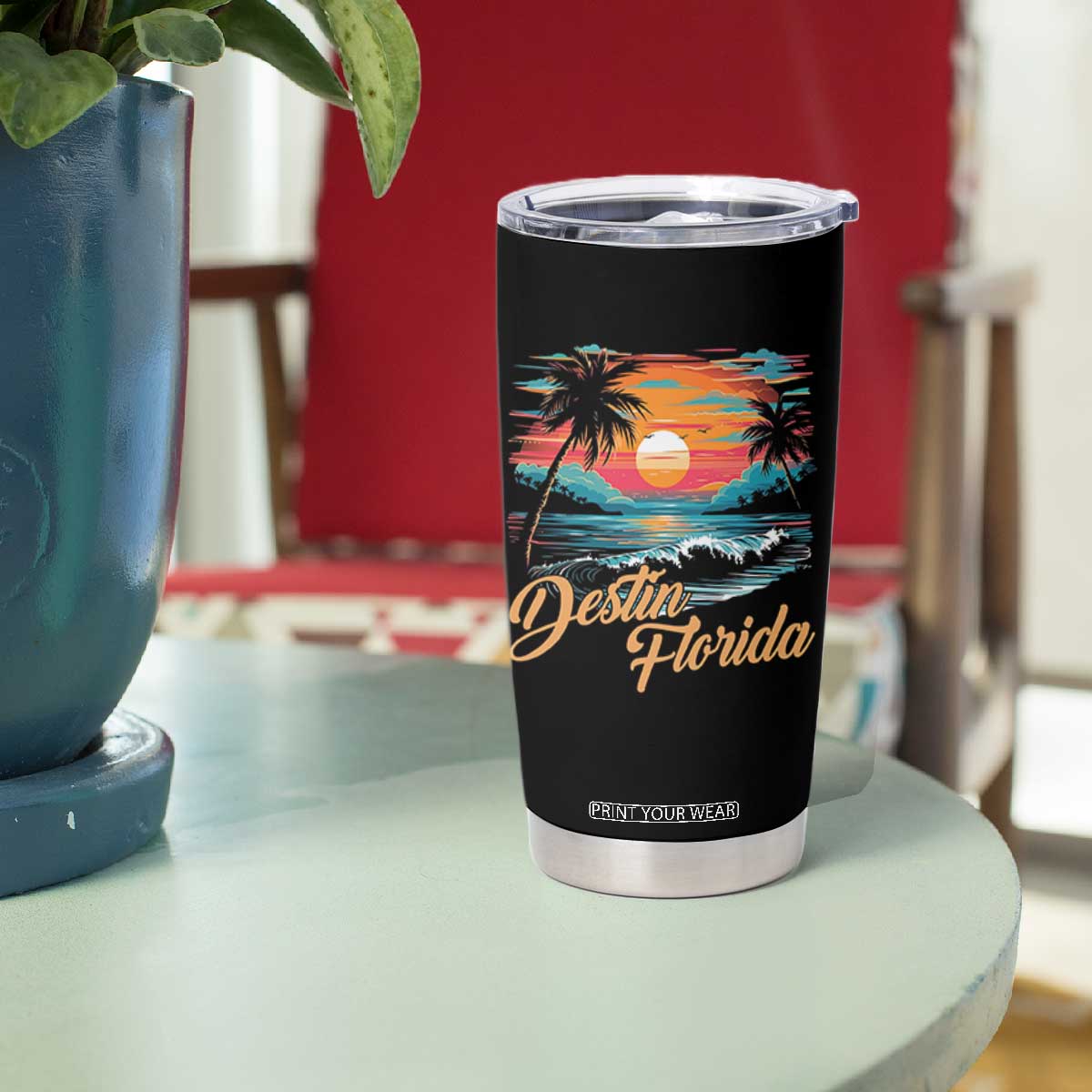 Destin Florida Beach Tumbler Cup Retro Sunset Palm Tree Graphic TS12 Print Your Wear