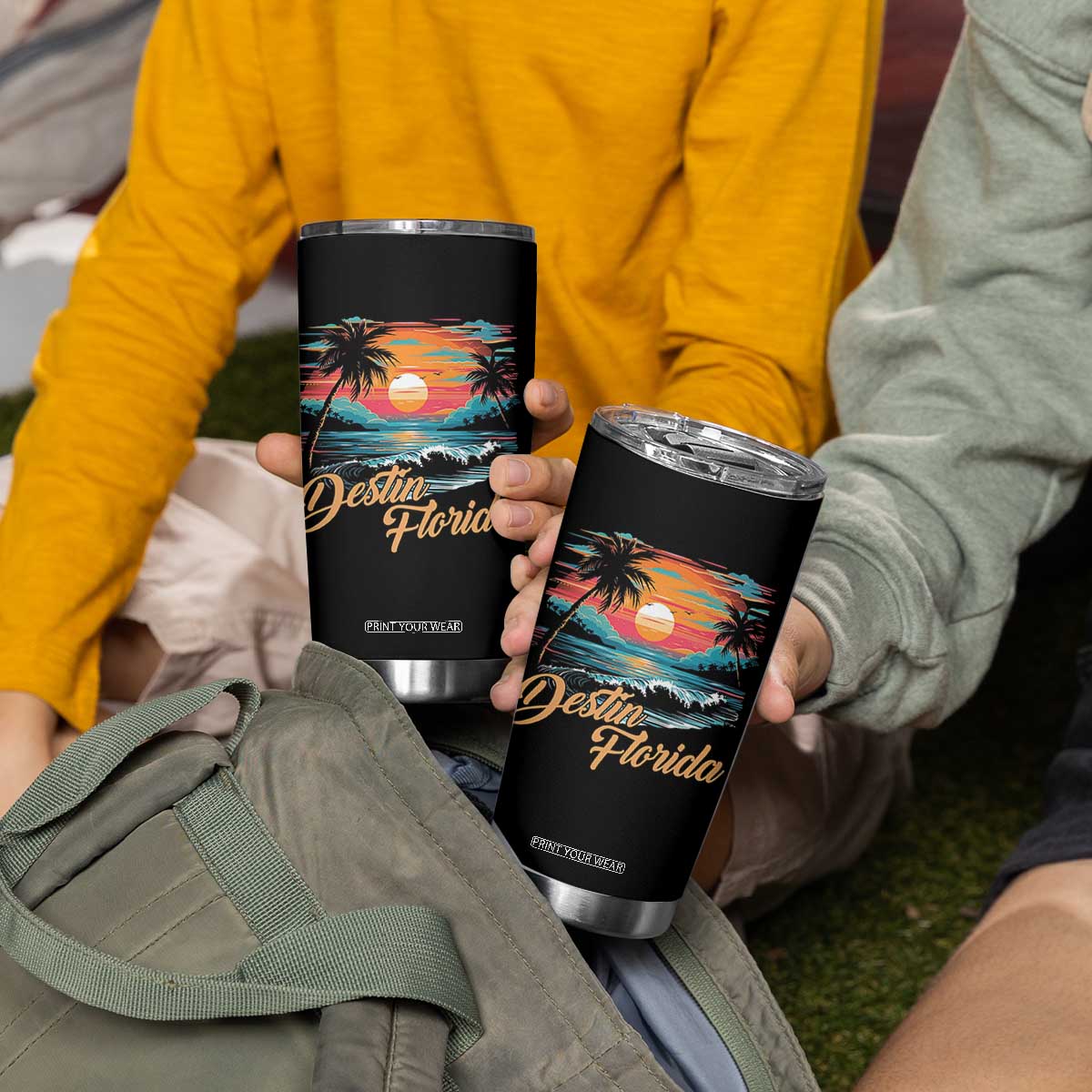 Destin Florida Beach Tumbler Cup Retro Sunset Palm Tree Graphic TS12 Print Your Wear