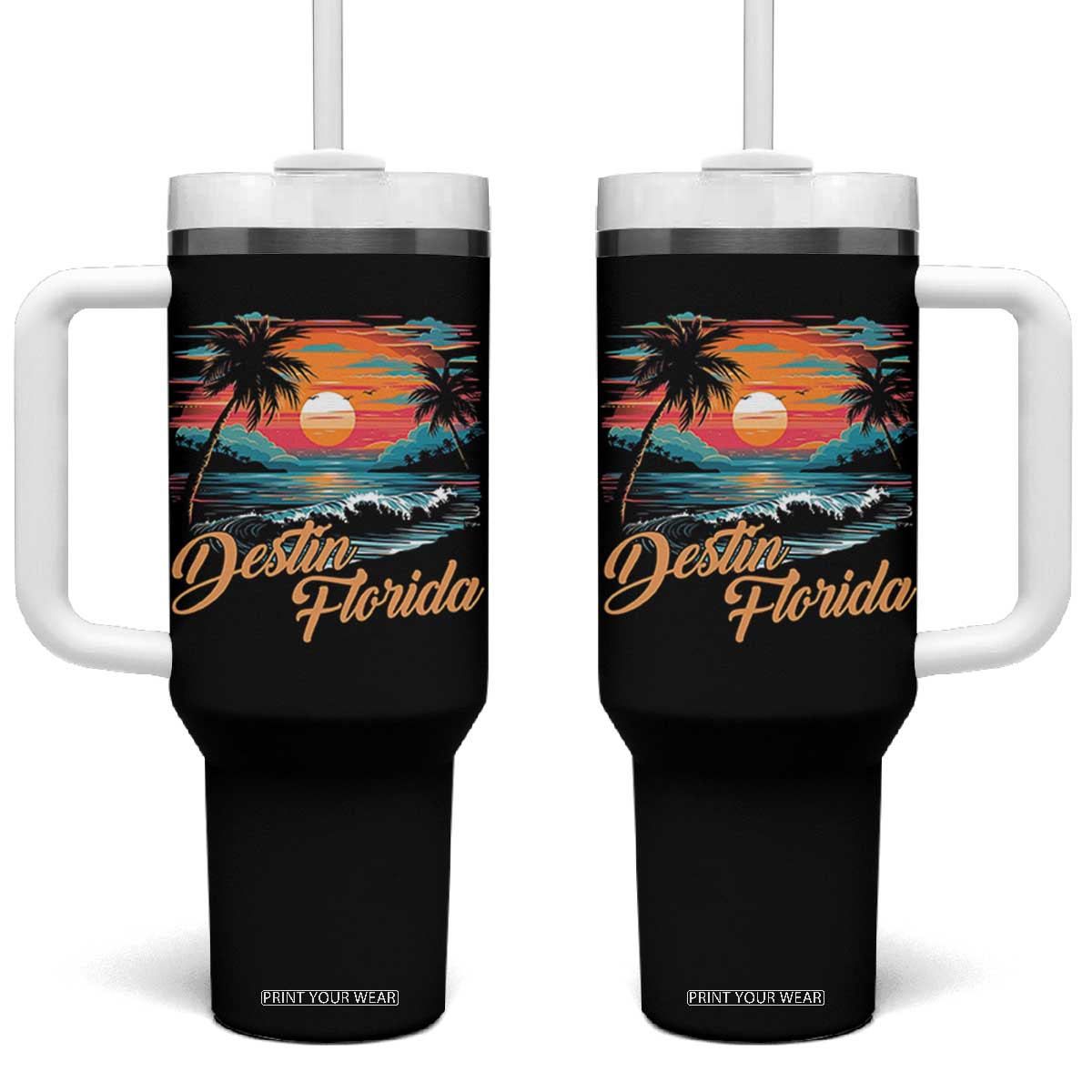 Destin Florida Beach Tumbler With Handle Retro Sunset Palm Tree Graphic TS12 One Size: 40 oz Black Print Your Wear