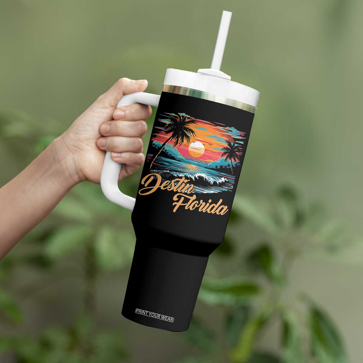 Destin Florida Beach Tumbler With Handle Retro Sunset Palm Tree Graphic TS12 Print Your Wear