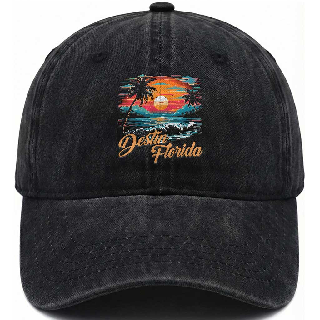Destin Florida Beach Washed Cotton Baseball Cap Retro Sunset Palm Tree Graphic TS12 Print Your Wear