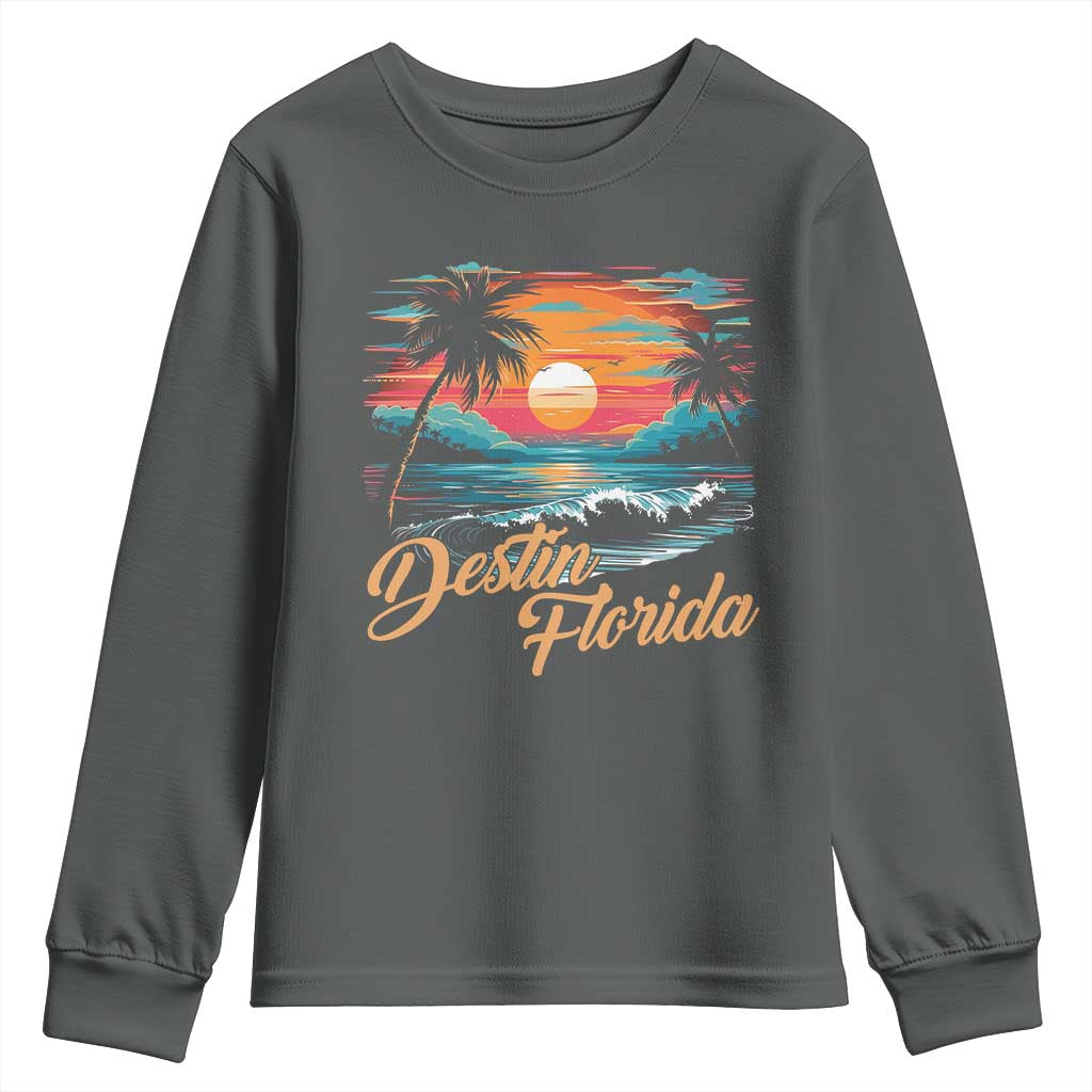 Destin Florida Beach Youth Sweatshirt Retro Sunset Palm Tree Graphic