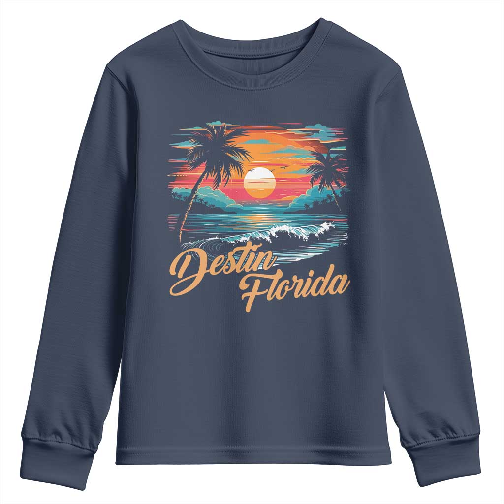 Destin Florida Beach Youth Sweatshirt Retro Sunset Palm Tree Graphic