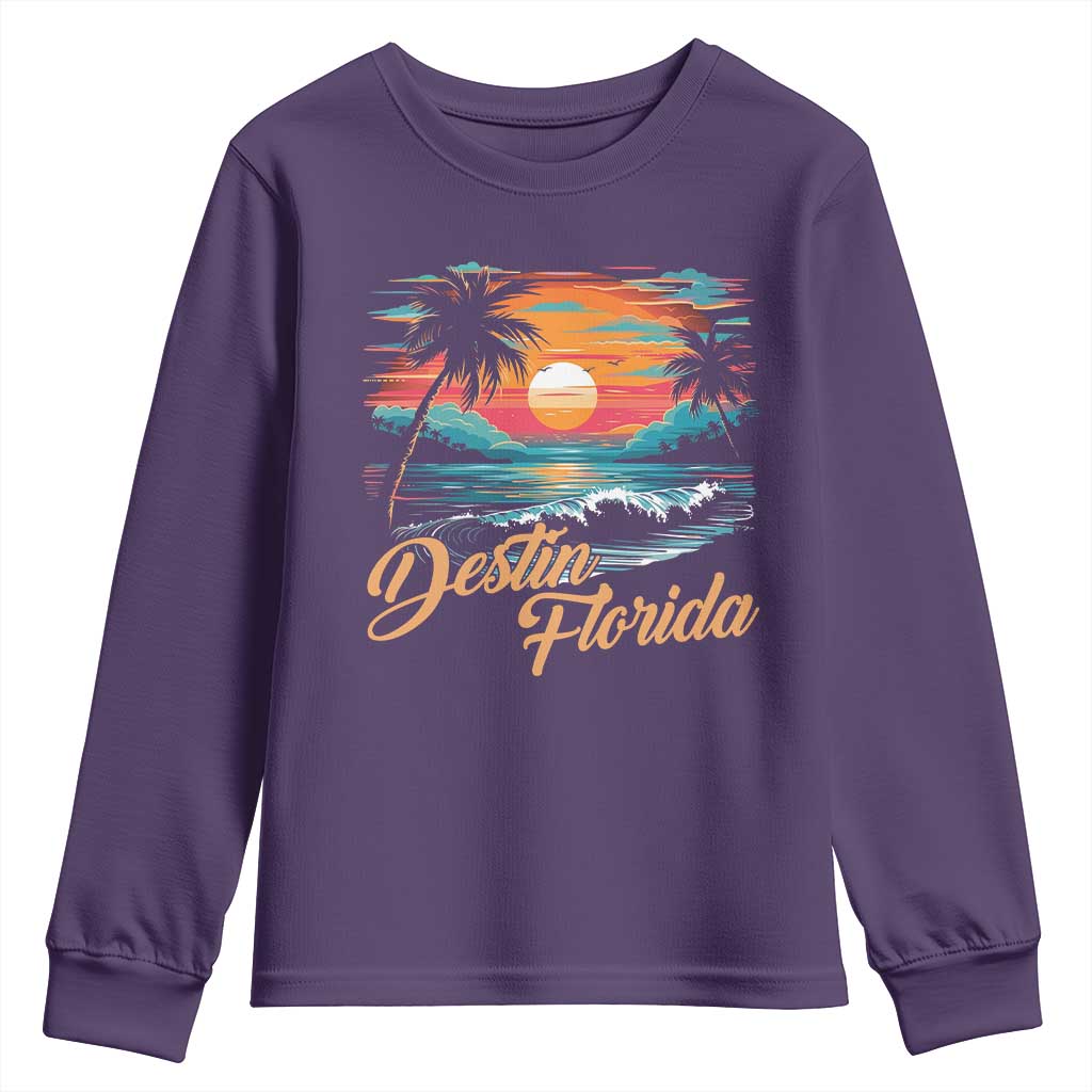 Destin Florida Beach Youth Sweatshirt Retro Sunset Palm Tree Graphic