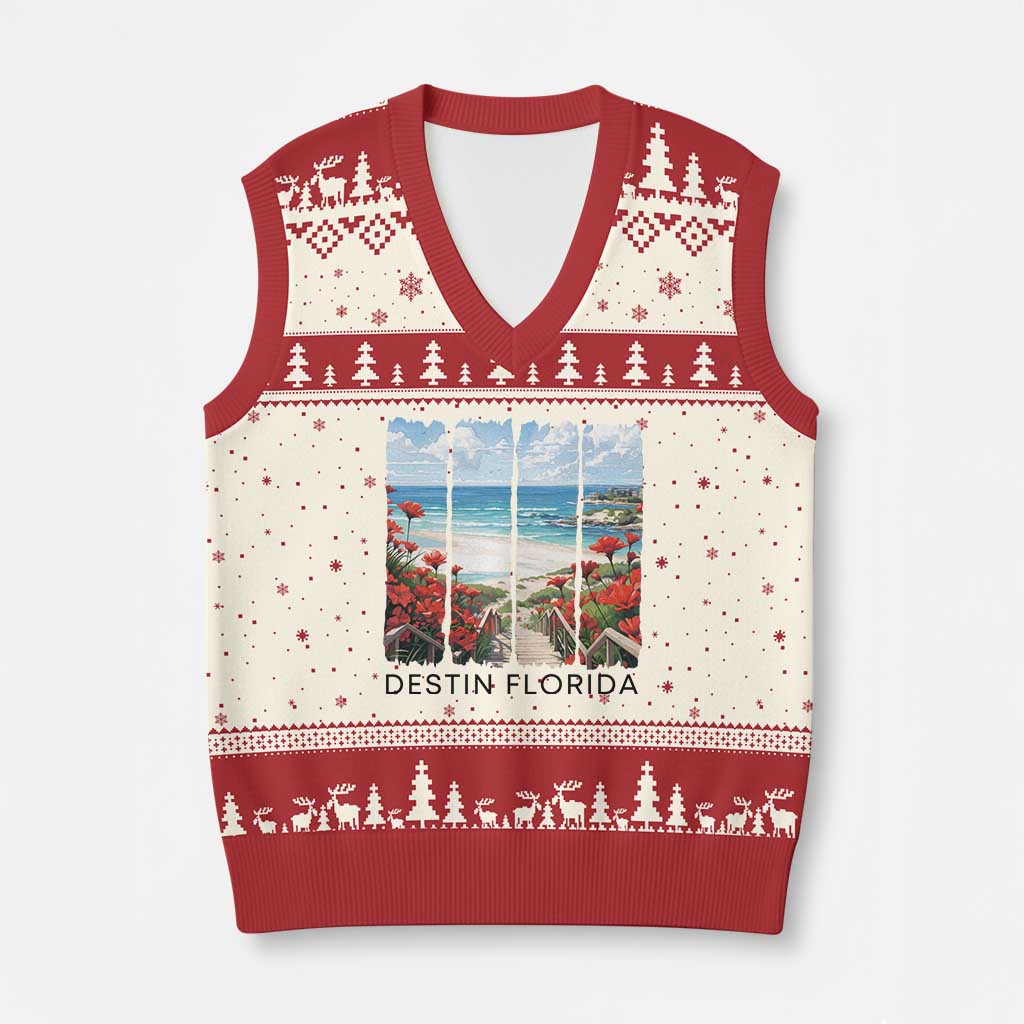 Destin Florida V-Neck Knit Sweater Vest Summer Travel Beach Vacation Gift TS12 Beige Red Print Your Wear