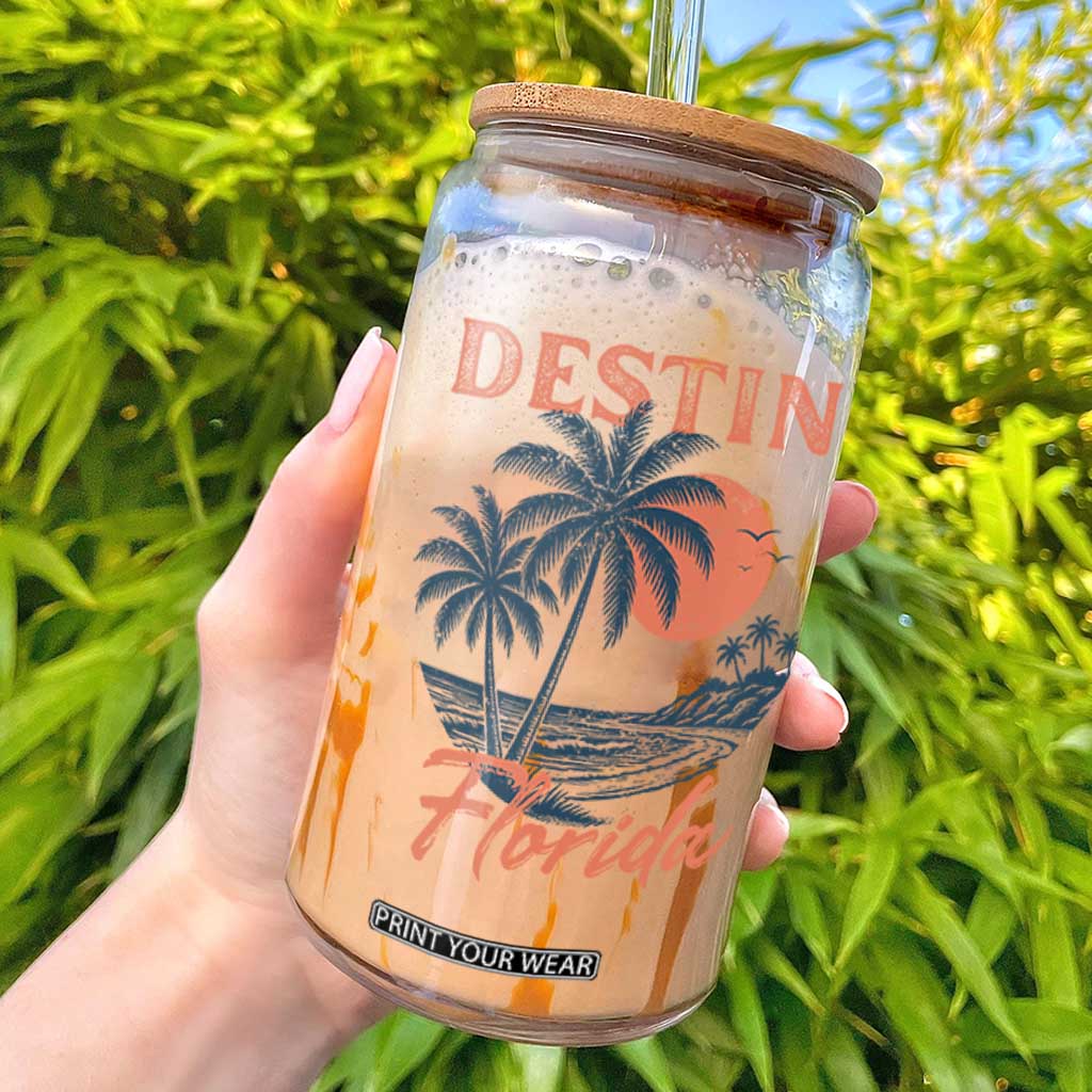 Vintage Destin Florida Beach Glass Can Sunset Palm Tree Graphic