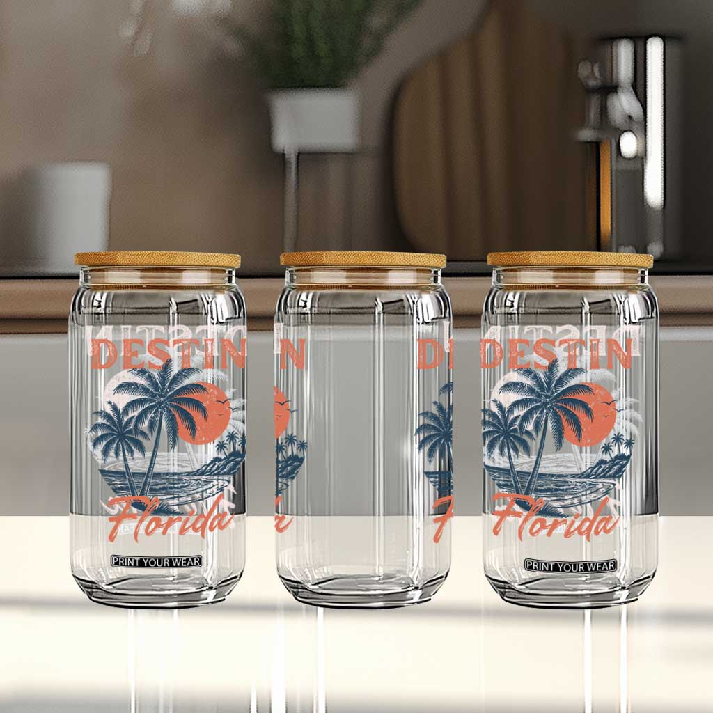 Vintage Destin Florida Beach Glass Can Sunset Palm Tree Graphic
