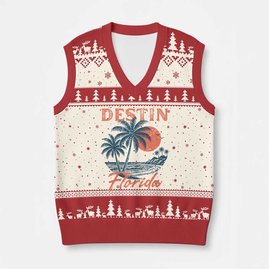 Vintage Destin Florida Beach V-Neck Knit Sweater Vest Sunset Palm Tree Graphic TS12 Beige Red Print Your Wear