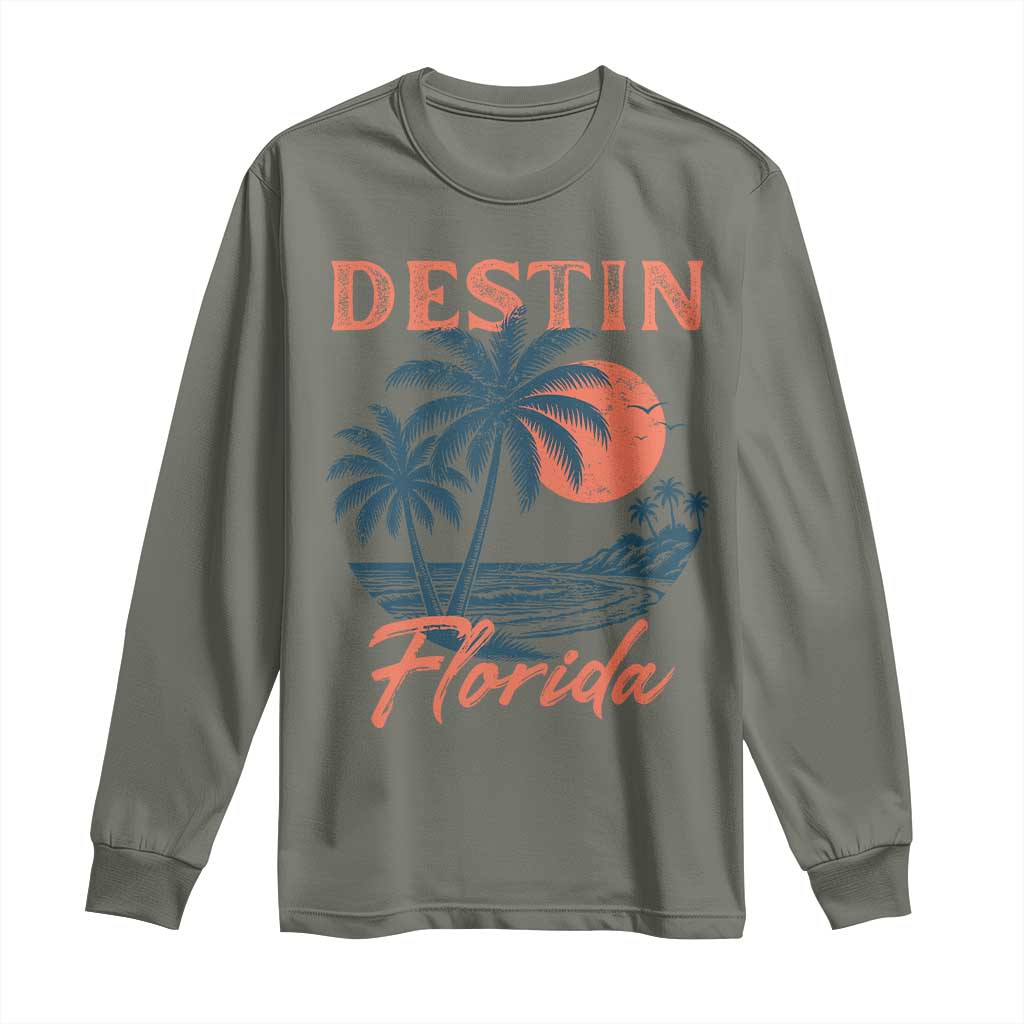 Vintage Destin Florida Beach Long Sleeve Shirt Sunset Palm Tree Graphic TS12 Military Green Print Your Wear
