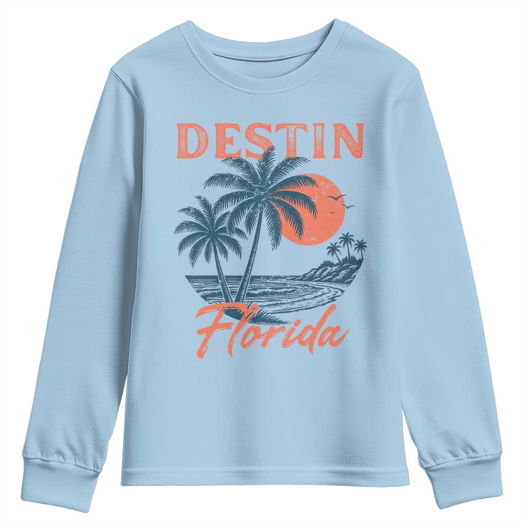 Vintage Destin Florida Beach Youth Sweatshirt Sunset Palm Tree Graphic TS12 Light Blue Print Your Wear