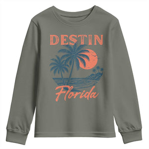 Vintage Destin Florida Beach Youth Sweatshirt Sunset Palm Tree Graphic TS12 Military Green Print Your Wear
