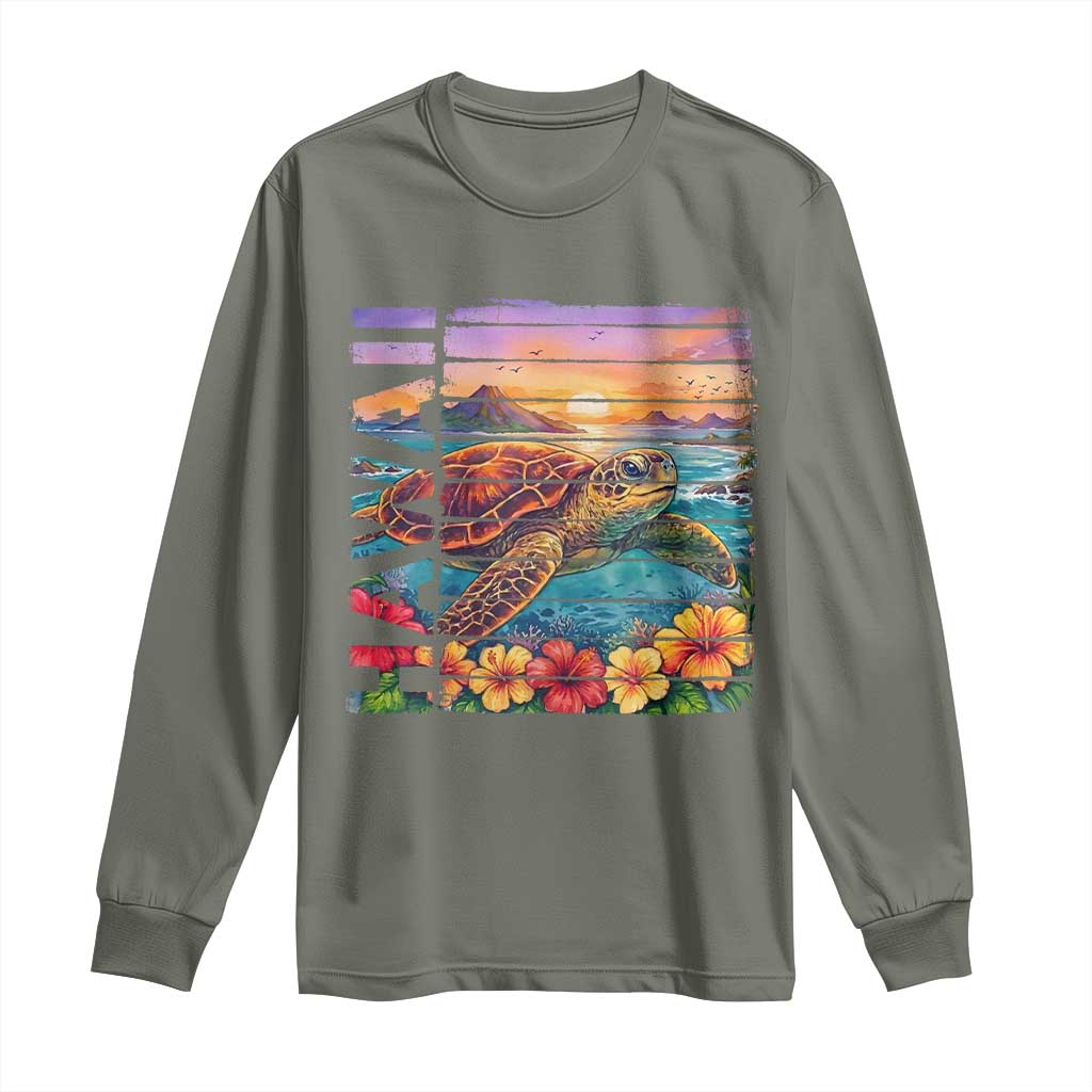 Hawaii Sea Turtle Long Sleeve Shirt Tropical Sunset Island Vacation Gift TS12 Military Green Print Your Wear
