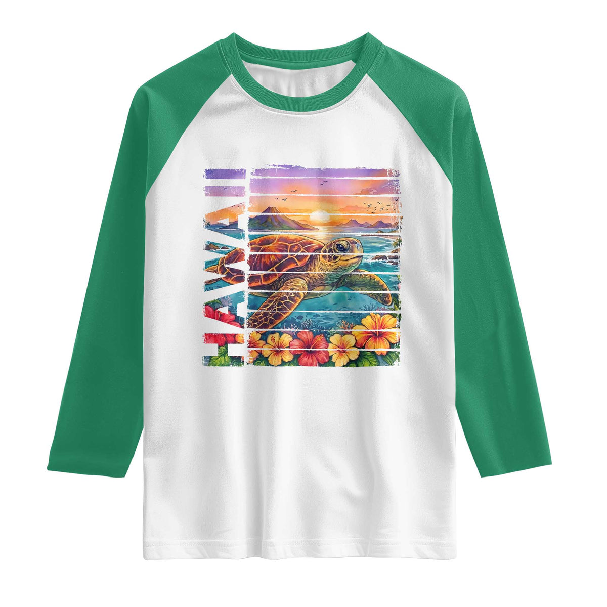 Hawaii Sea Turtle Raglan Shirt Tropical Sunset Island Vacation Gift TS12 White Kelly Green Print Your Wear