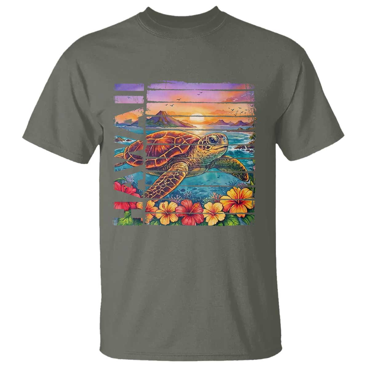 Hawaii Sea Turtle T Shirt Tropical Sunset Island Vacation Gift TS12 Military Green Print Your Wear