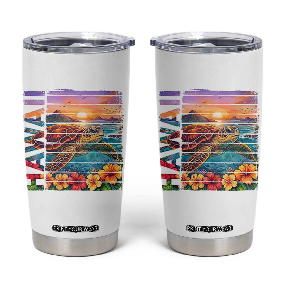 Hawaii Sea Turtle Tumbler Cup Tropical Sunset Island Vacation Gift TS12 White Print Your Wear