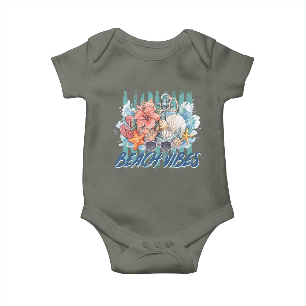 Beach Vibes Baby Onesie Floral Seashell Coastal Vacation Graphic TS12 Military Green Print Your Wear