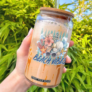 Beach Vibes Glass Can Floral Seashell Coastal Vacation Graphic