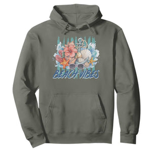 Beach Vibes Hoodie Floral Seashell Coastal Vacation Graphic TS12 Military Green Print Your Wear