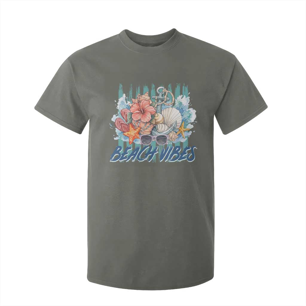 Beach Vibes T Shirt For Kid Floral Seashell Coastal Vacation Graphic TS12 Military Green Print Your Wear
