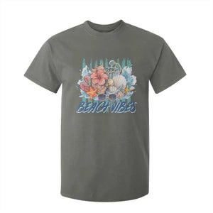 Beach Vibes T Shirt For Kid Floral Seashell Coastal Vacation Graphic TS12 Military Green Print Your Wear