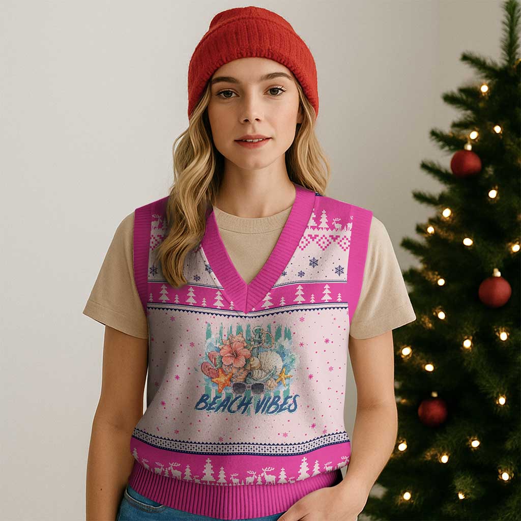 Beach Vibes V-Neck Knit Sweater Vest Floral Seashell Coastal Vacation Graphic TS12 Hot Pink Print Your Wear