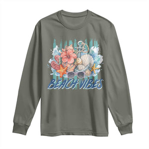 Beach Vibes Long Sleeve Shirt Floral Seashell Coastal Vacation Graphic TS12 Military Green Print Your Wear