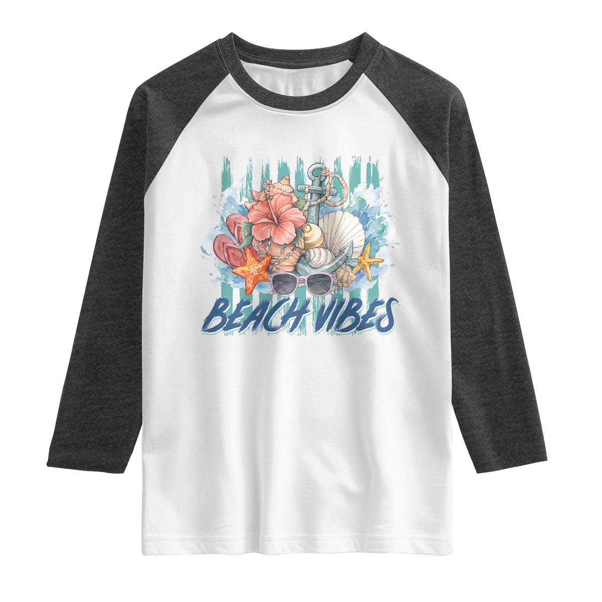 Beach Vibes Raglan Shirt Floral Seashell Coastal Vacation Graphic TS12 White Heather Charcoal Print Your Wear