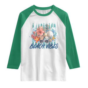 Beach Vibes Raglan Shirt Floral Seashell Coastal Vacation Graphic TS12 White Kelly Green Print Your Wear
