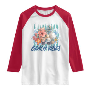 Beach Vibes Raglan Shirt Floral Seashell Coastal Vacation Graphic TS12 White Red Print Your Wear