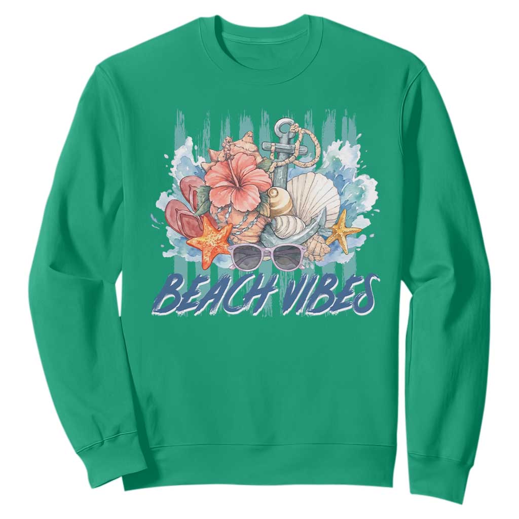 Beach Vibes Sweatshirt Floral Seashell Coastal Vacation Graphic TS12 Irish Green Print Your Wear