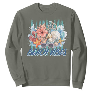 Beach Vibes Sweatshirt Floral Seashell Coastal Vacation Graphic TS12 Military Green Print Your Wear