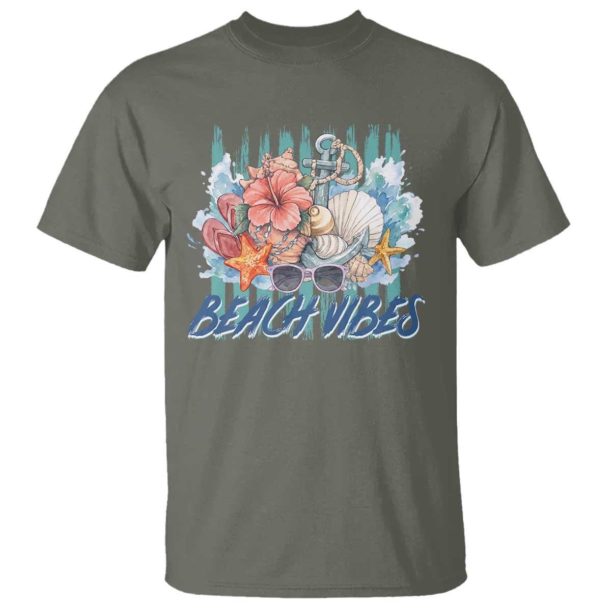 Beach Vibes T Shirt Floral Seashell Coastal Vacation Graphic TS12 Military Green Print Your Wear