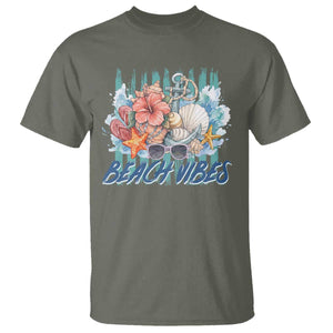 Beach Vibes T Shirt Floral Seashell Coastal Vacation Graphic TS12 Military Green Print Your Wear
