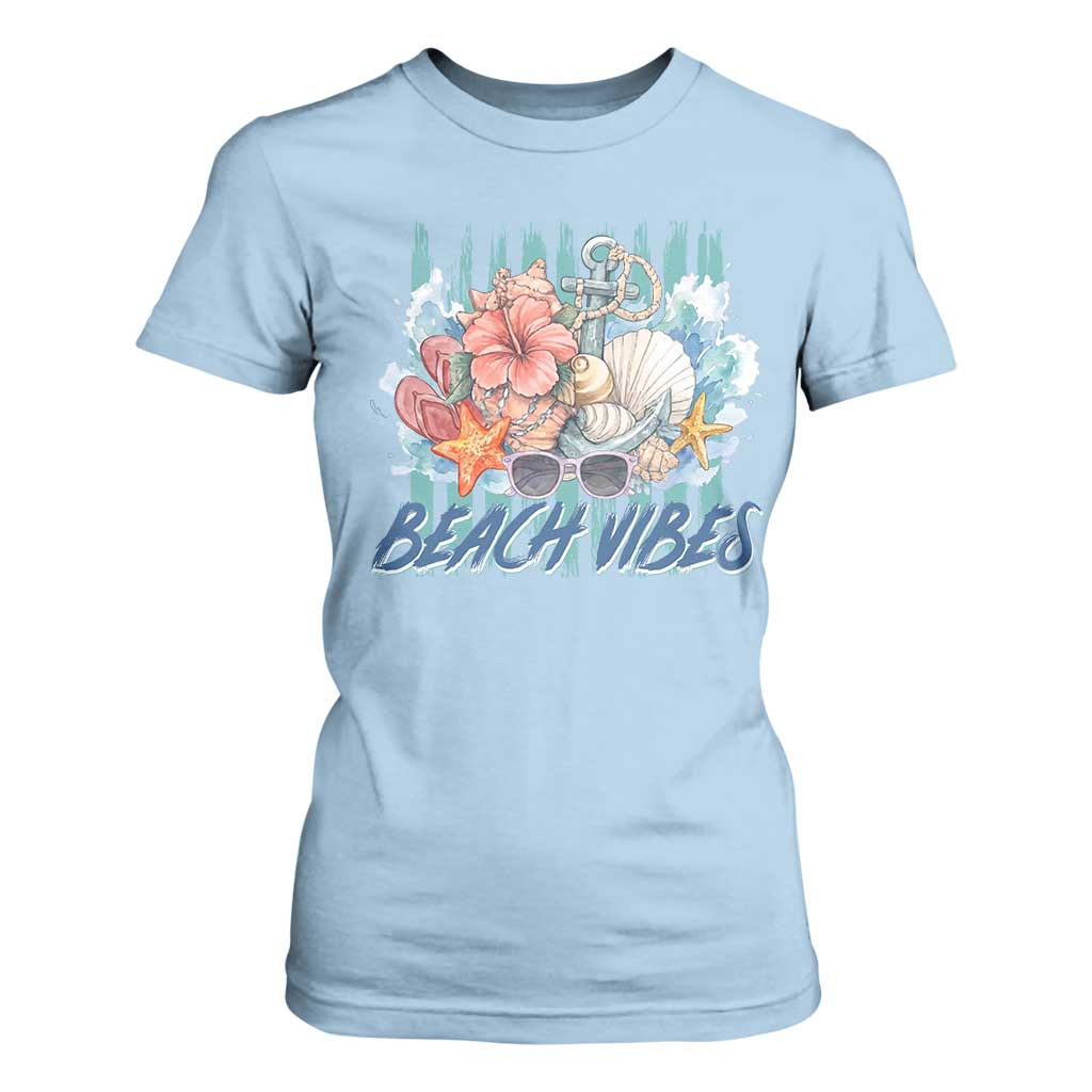 Beach Vibes T Shirt For Women Floral Seashell Coastal Vacation Graphic TS12 Light Blue Print Your Wear