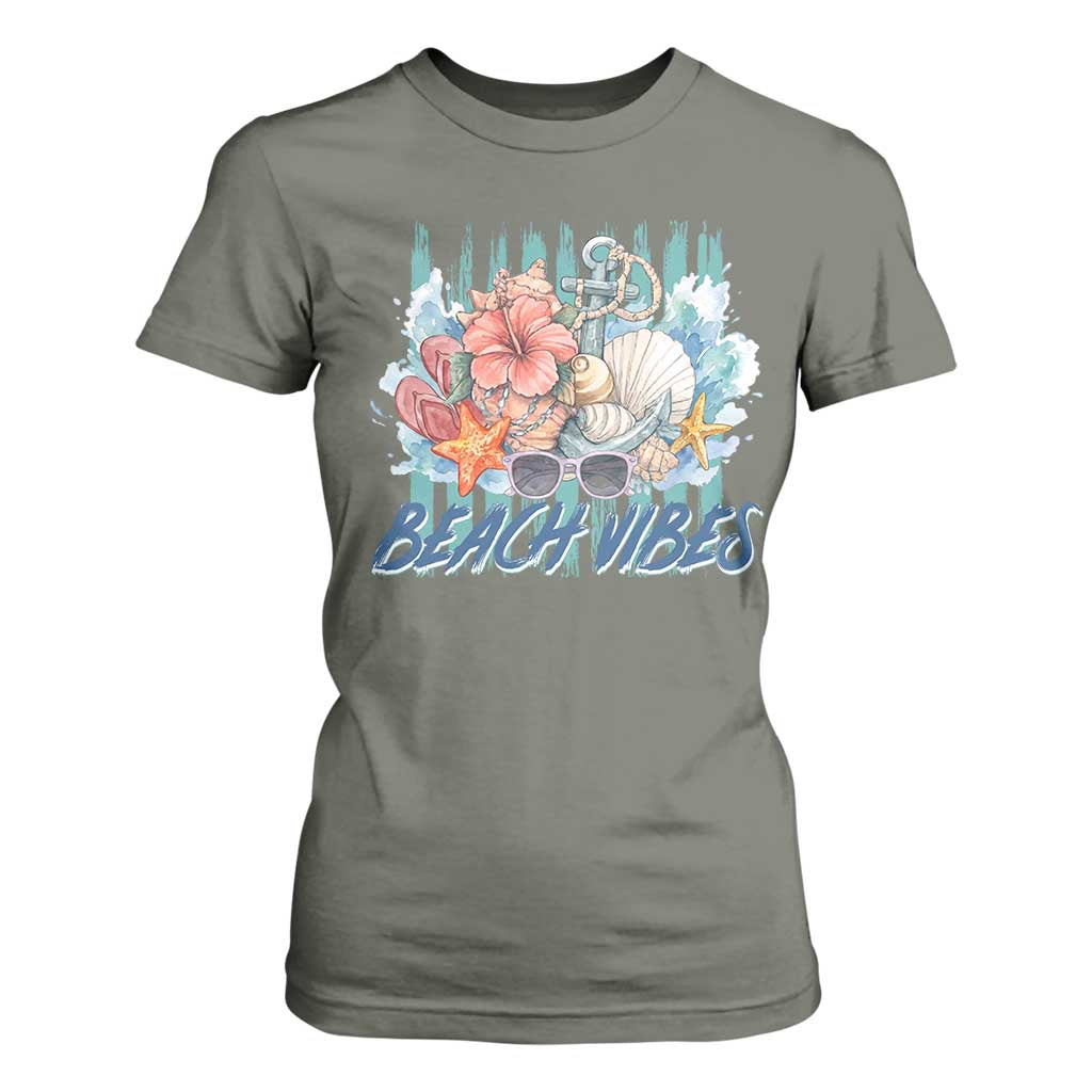 Beach Vibes T Shirt For Women Floral Seashell Coastal Vacation Graphic TS12 Military Green Print Your Wear