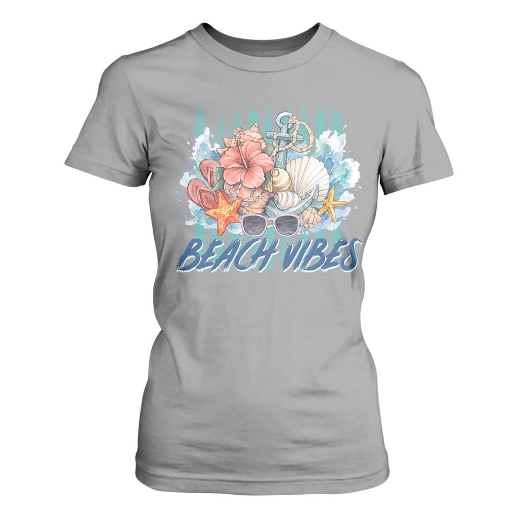 Beach Vibes T Shirt For Women Floral Seashell Coastal Vacation Graphic TS12 Sport Gray Print Your Wear