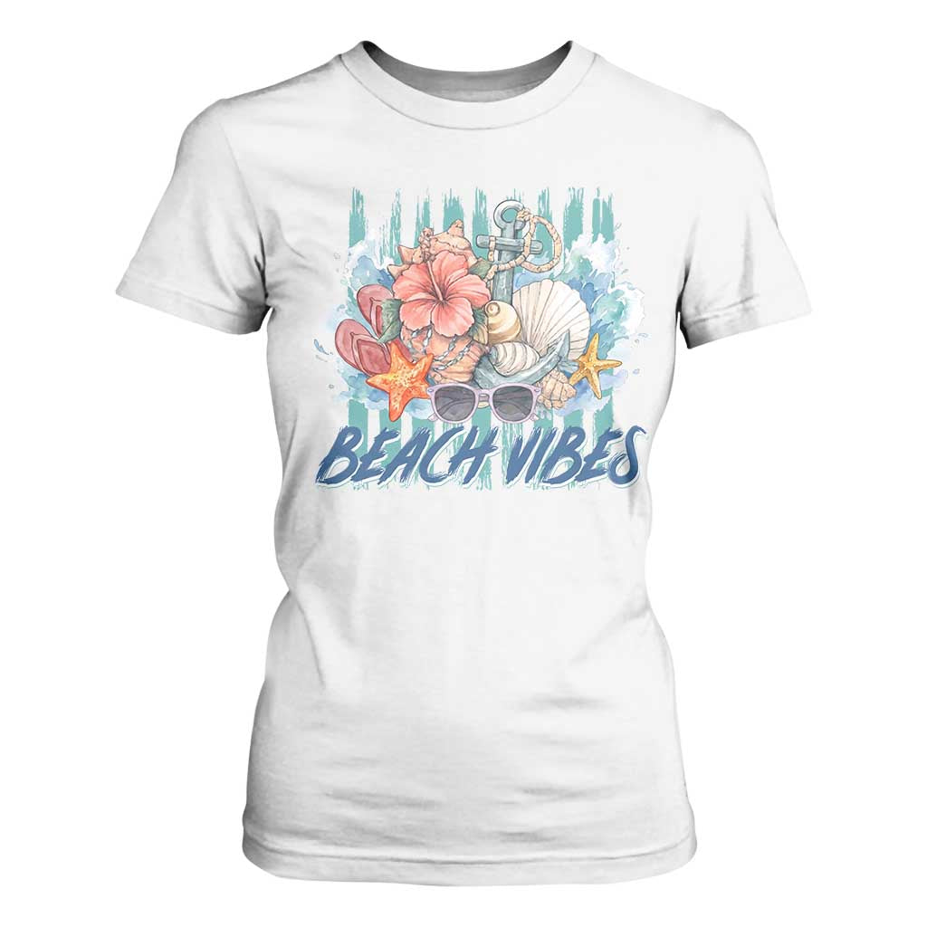 Beach Vibes T Shirt For Women Floral Seashell Coastal Vacation Graphic TS12 White Print Your Wear
