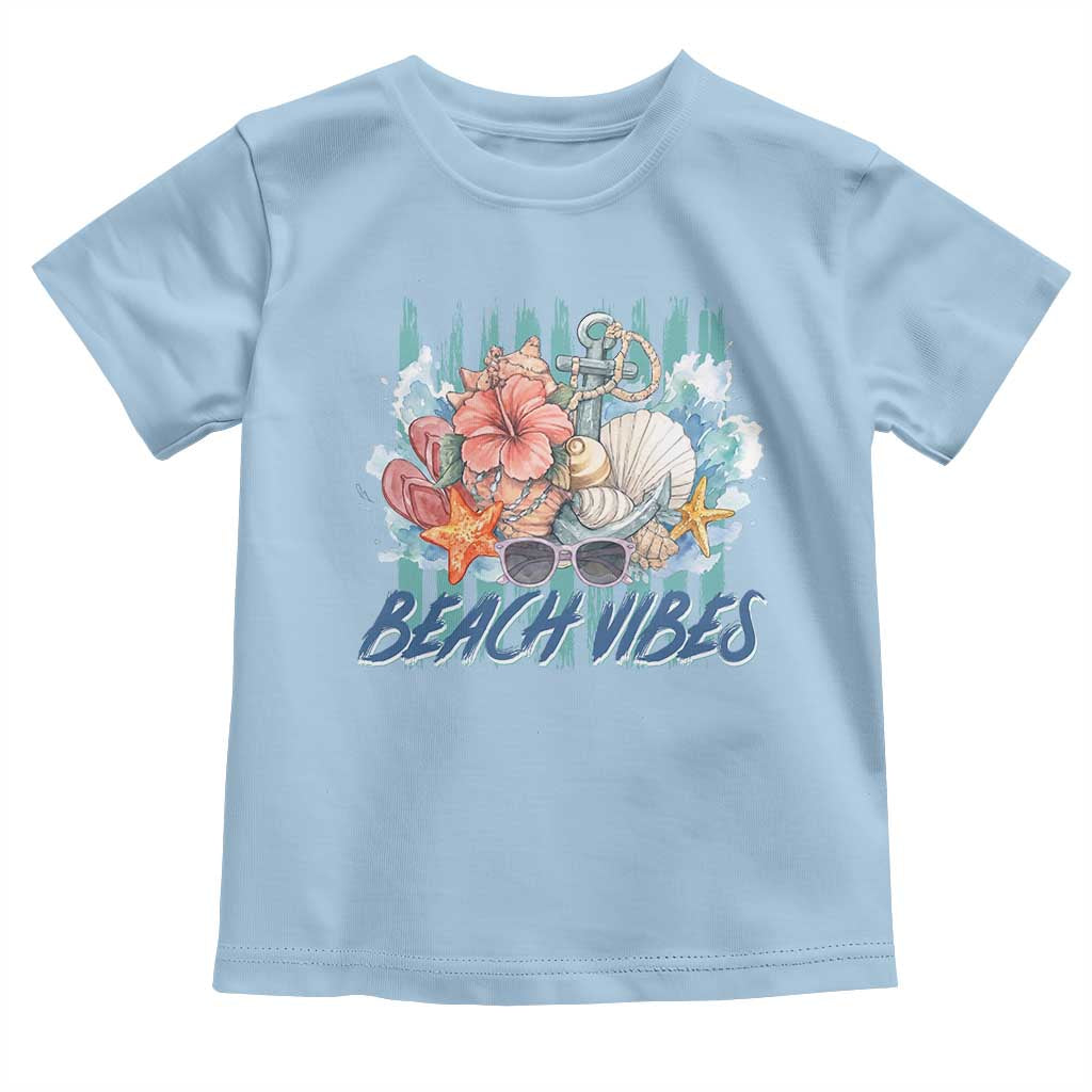 Beach Vibes Toddler T Shirt Floral Seashell Coastal Vacation Graphic TS12 Light Blue Print Your Wear