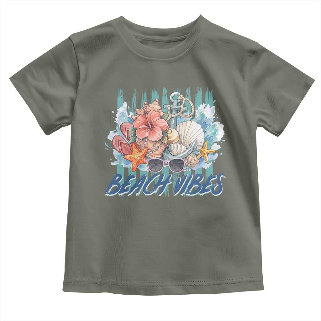 Beach Vibes Toddler T Shirt Floral Seashell Coastal Vacation Graphic TS12 Military Green Print Your Wear